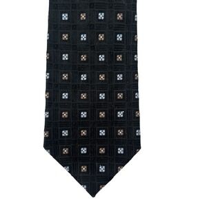 Jones New York Mens Extra Long Necktie Black Blue  Geometric Square Silk Tie